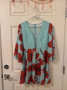 Aqua Floral V-Neck Mini Dress with Red Poppy Print